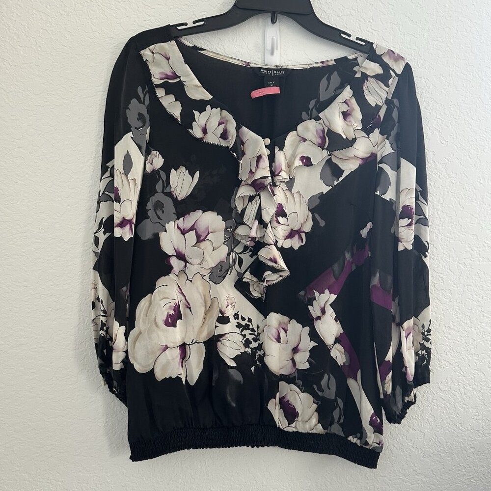 WHBM Womens Dark Floral Print‎ Ruffled 100% Silk Blouse M Black Office Fairygoth